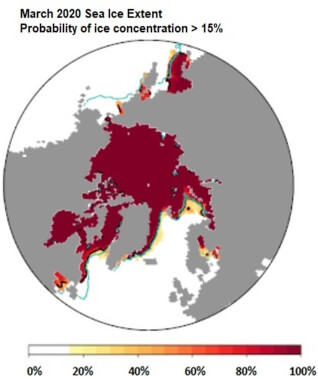 map of circumpolar Arctic with maroon showing the sea ice at 100%