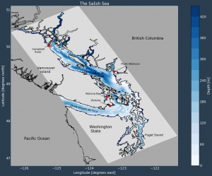 grey map showing Salish sea location with different ocean depths in blue