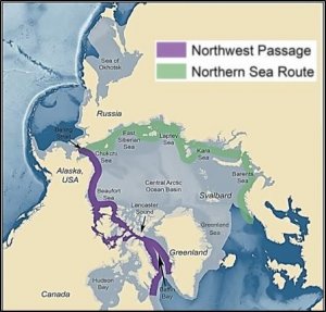 map of sea ice with different shades of blue, adn green and purple outlining the Northwest Passage and Northern Sea Route