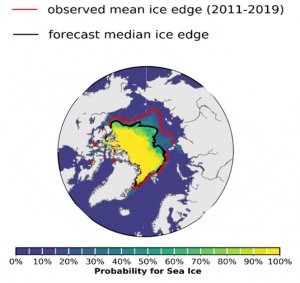 view of circumpolar North with yellow, green, purple gradient showing sea ice