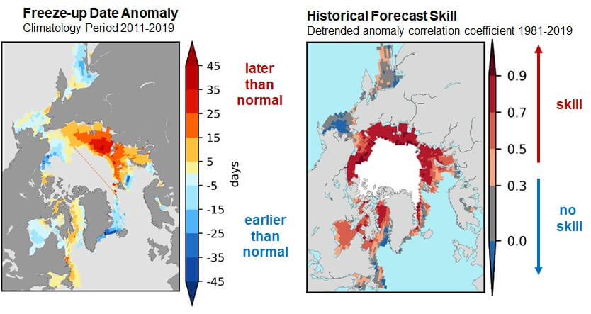 Two maps with grey land mass of the circumpolar Arctic and a colour gradient showing sea ice concentrations