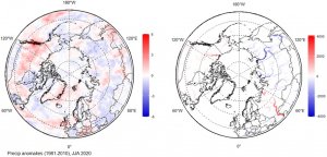 two maps of the circumpolar North with blue and red hues