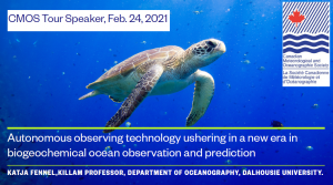 Poster for the speaker tour with event information written over a photo of a seas turtle swimming