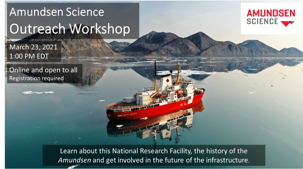 poster for the workshop featuring the a photo of the icebreaker in the ocean by a shoreline with mountains 