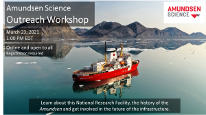 poster for the workshop featuring the a photo of the icebreaker in the ocean by a shoreline with mountains