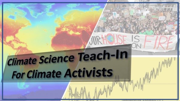 a poster with a cliamte map on on half, a climate change graph in on quarter, and climate activists protesting in another quarter