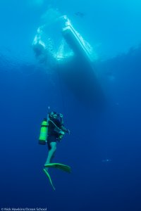 a scuba diver in the water under a boat
