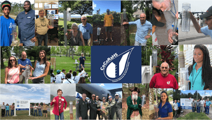 A mosaic of photos of people posing with rain gauges. 